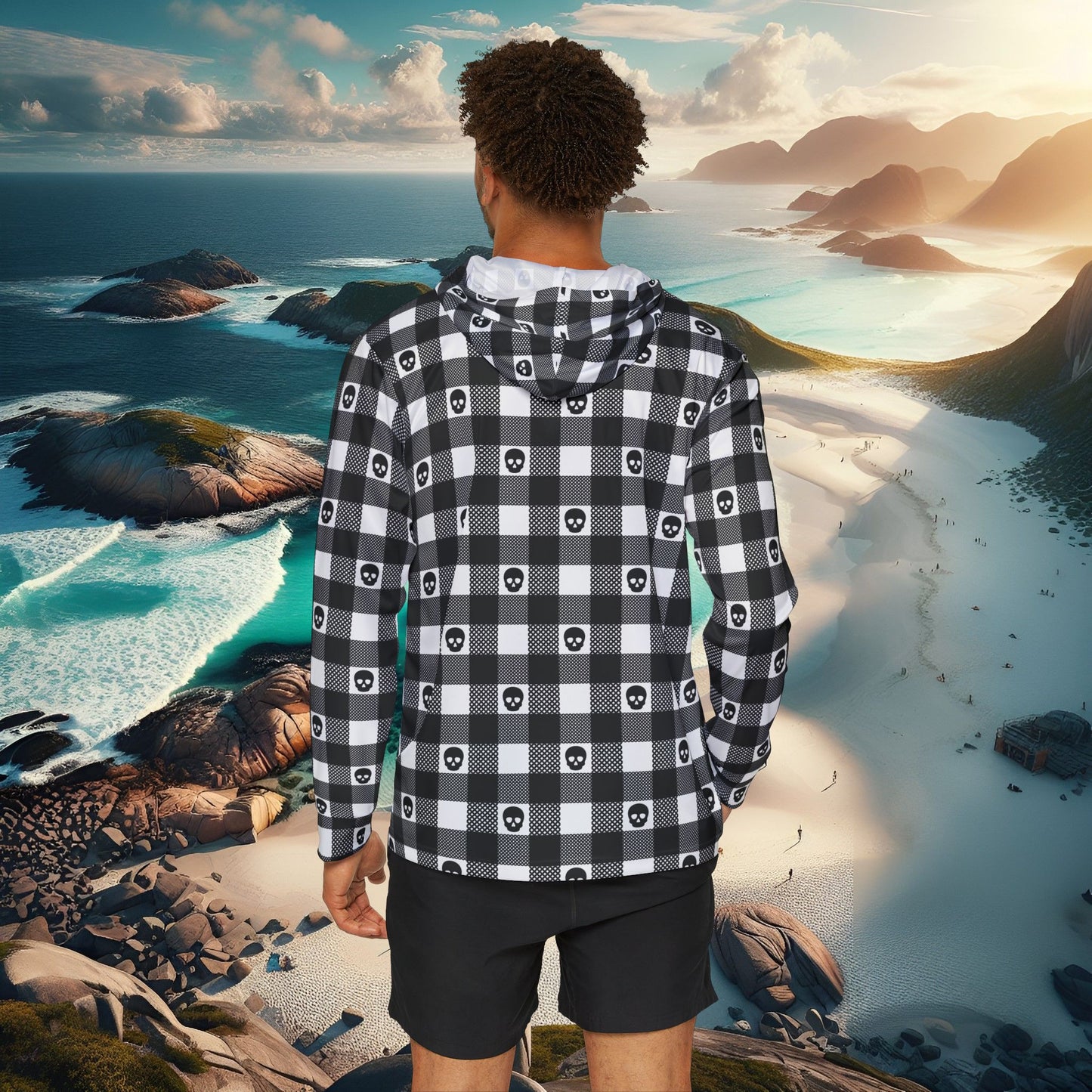 Men's Black Skull Plaid Fishing Hoodie - Fishwood Threads, Adventure & Outdoor Enthusiasts