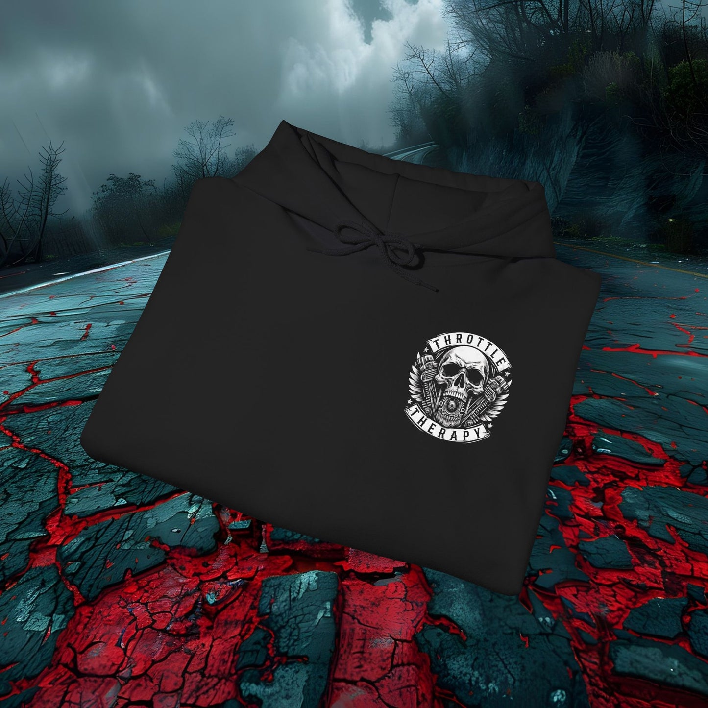 Throttle Therapy Unisex Hoodie - Heavy Blend, Skull & Engine Graphic