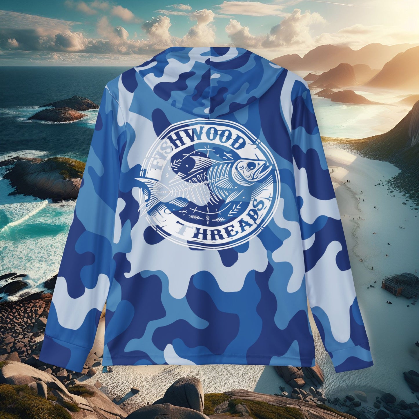 Men's Blue Camo Fishing Hoodie - Fishwood Threads, Adventure & Outdoor Enthusiasts
