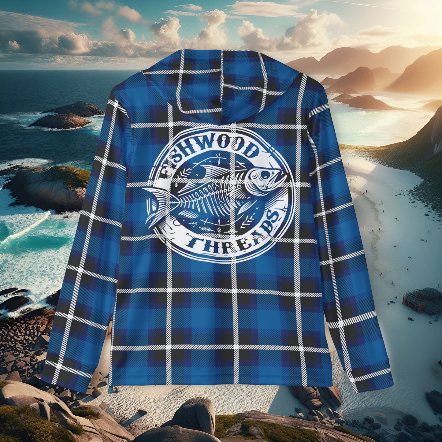 Men's Blue Plaid Fishing Hoodie - Fishwood Threads, Adventure & Outdoor Enthusiasts