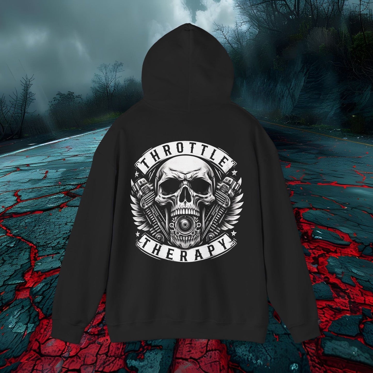 Throttle Therapy Unisex Hoodie - Heavy Blend, Skull & Engine Graphic