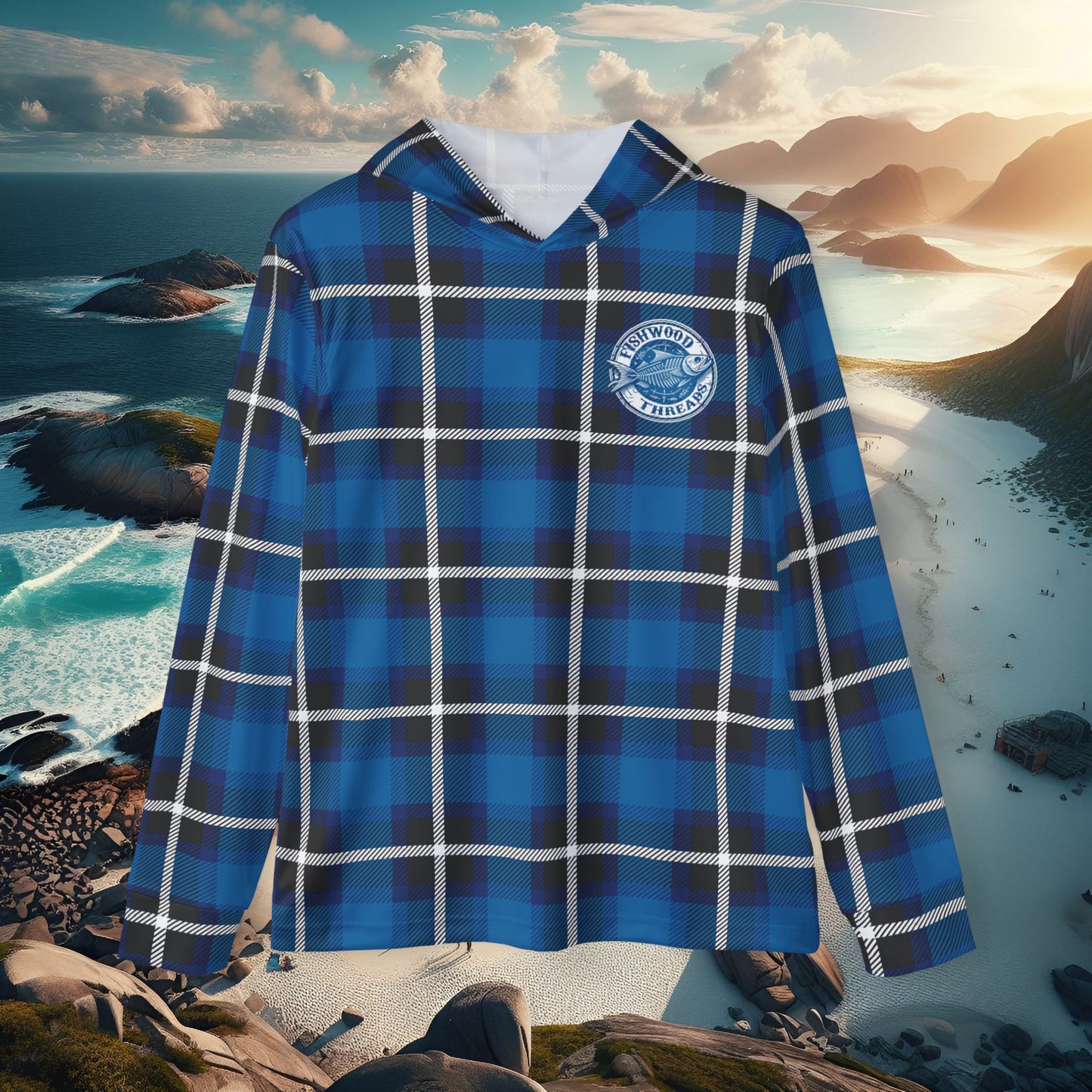 Men's Blue Plaid Fishing Hoodie - Fishwood Threads, Adventure & Outdoor Enthusiasts