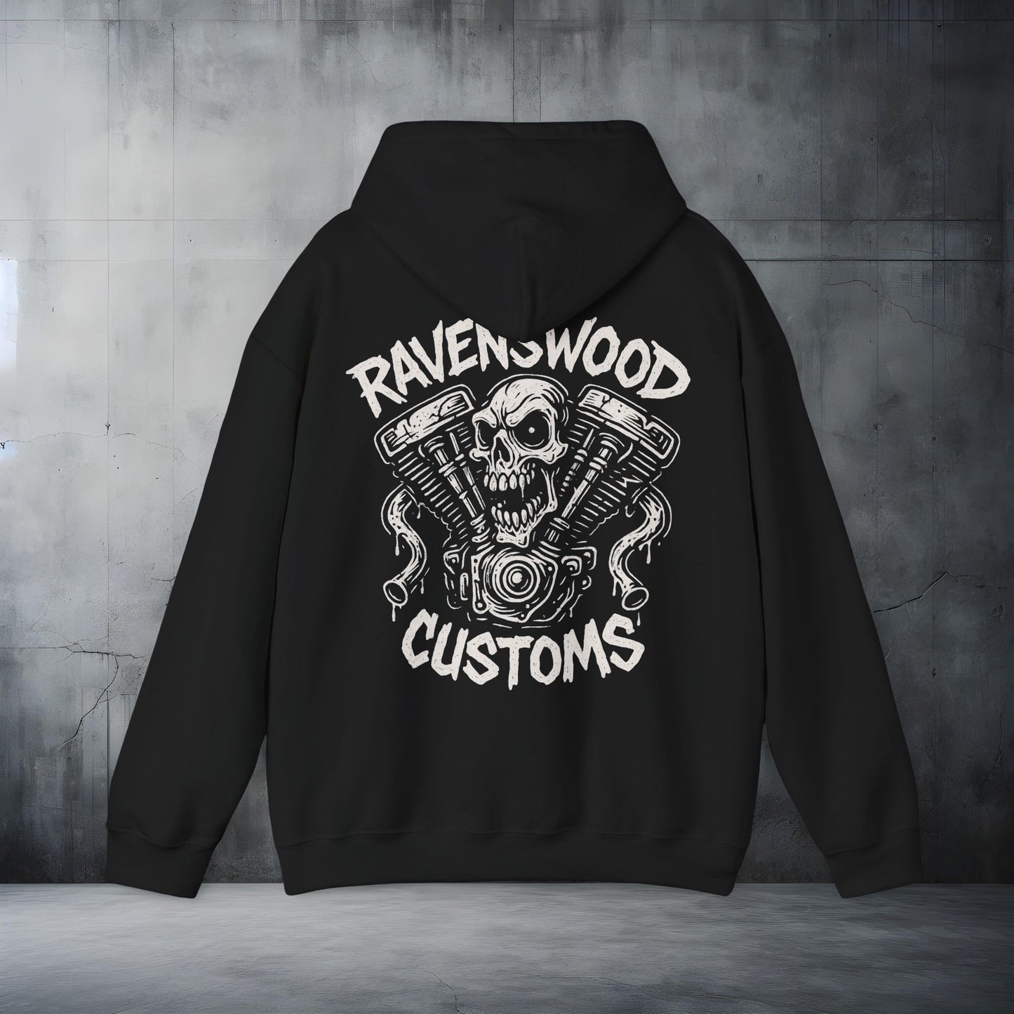 Ravenswood Customs White Vtwin Heavy Blend Hoodie | Skull Design, Unisex Sweatshirt