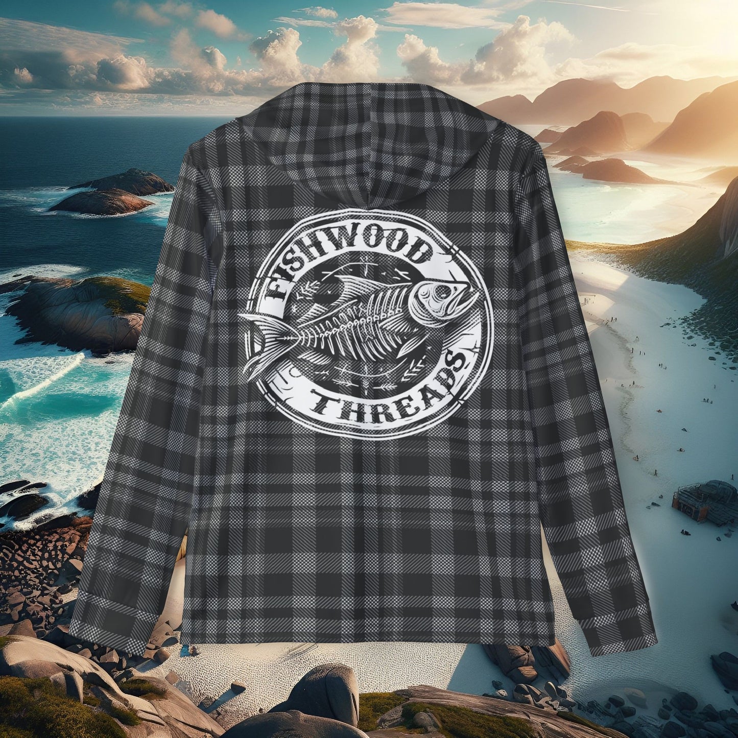 Men's Black Plaid Fishing Hoodie - Fishwood Threads, Adventure & Outdoor Enthusiasts