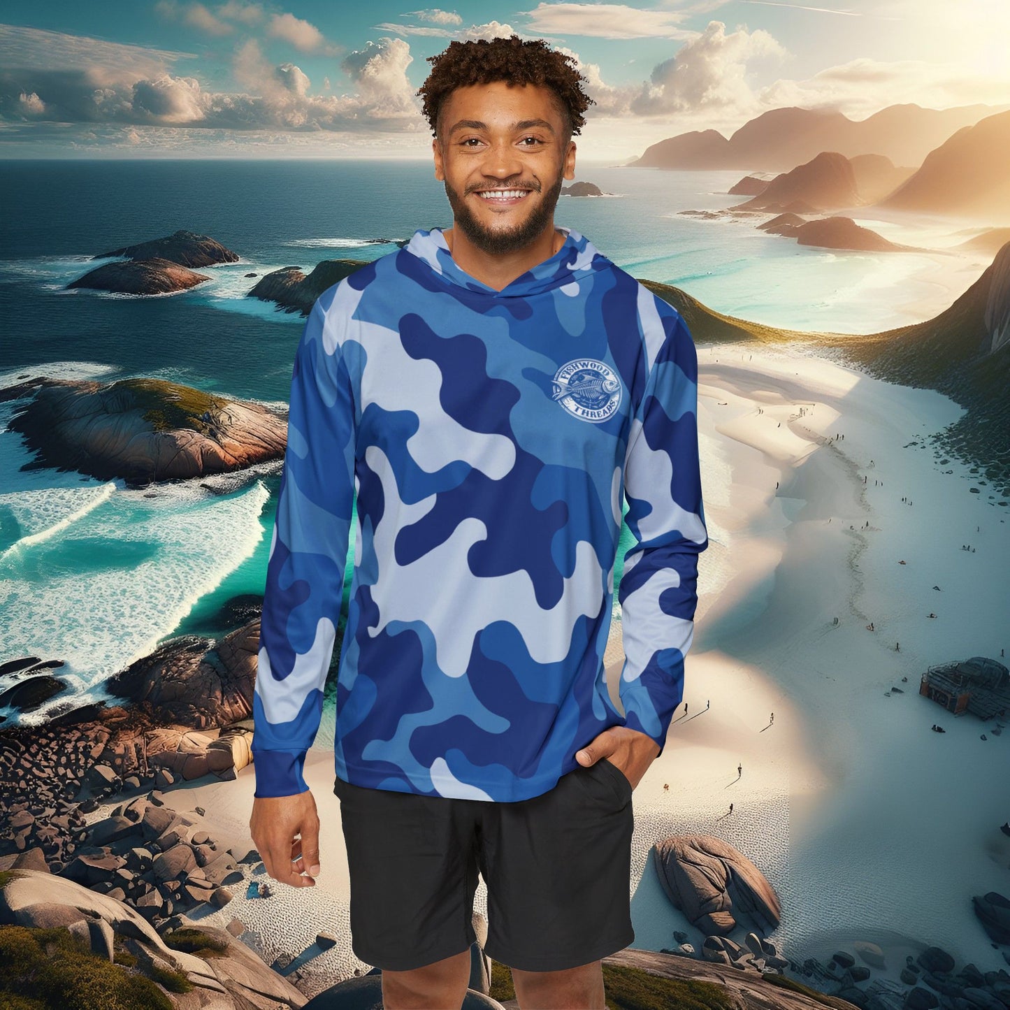 Men's Blue Camo Fishing Hoodie - Fishwood Threads, Adventure & Outdoor Enthusiasts