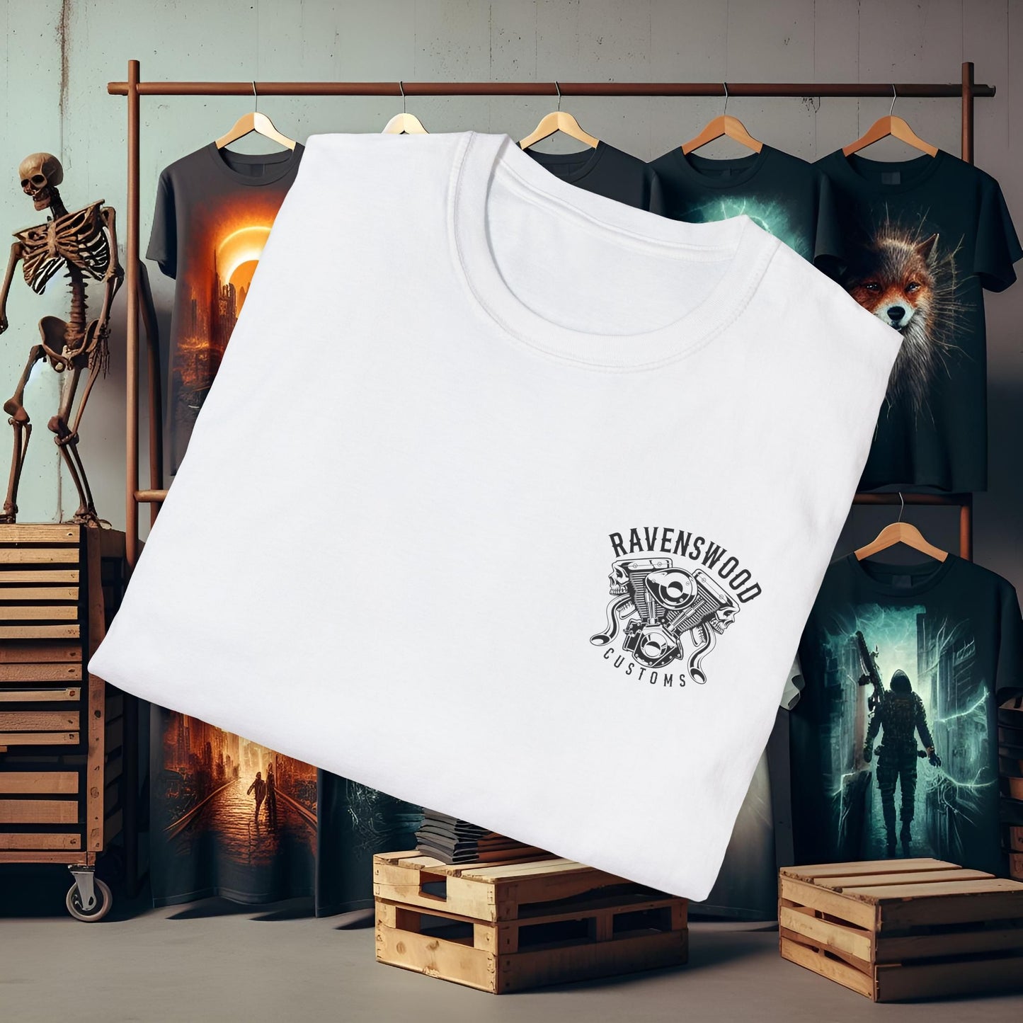 Ravenswood Customs Graphic Vtwin T-Shirt - Unisex Softstyle Tee for Custom Enthusiasts