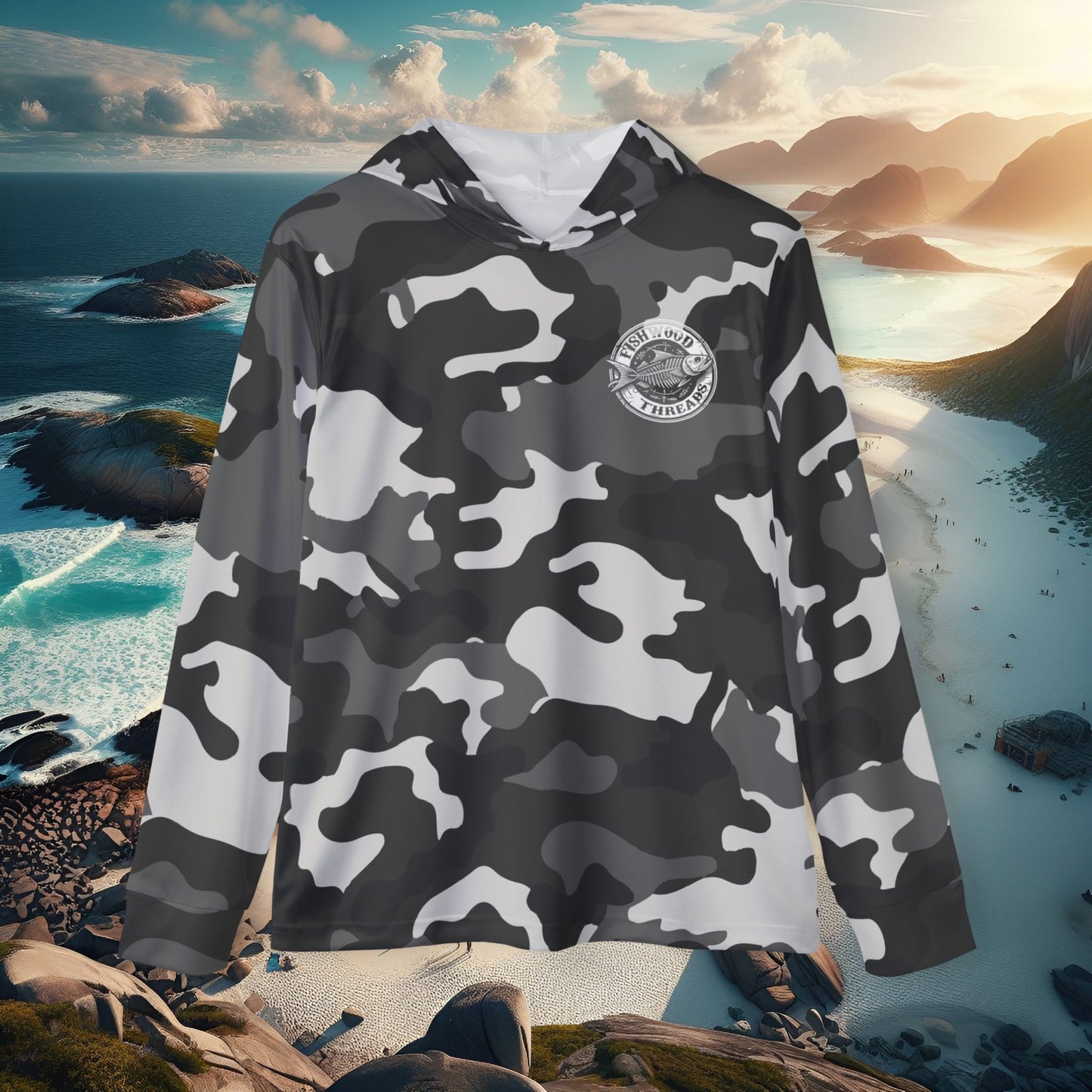 Men's Black & Grey Camo Fishing Hoodie - Fishwood Threads, Adventure & Outdoor Enthusiasts