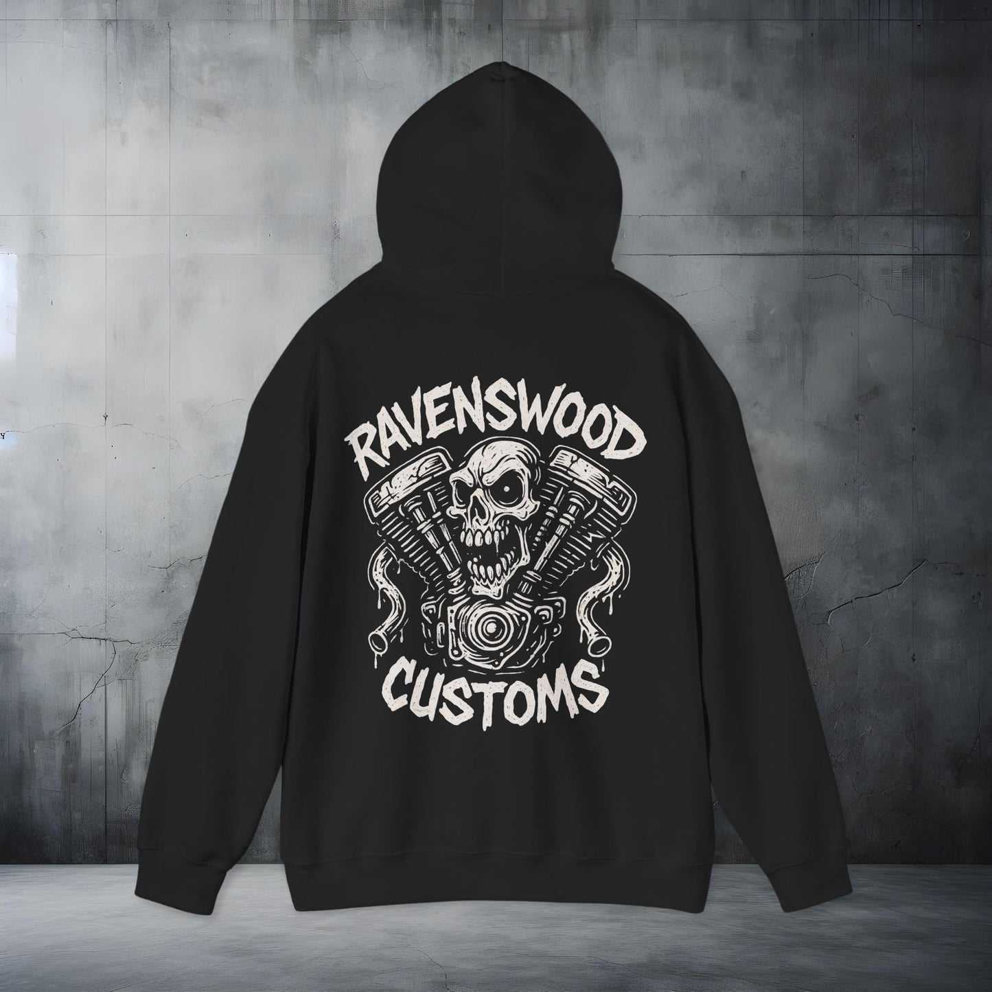 Ravenswood Customs White Vtwin Heavy Blend Hoodie | Skull Design, Unisex Sweatshirt
