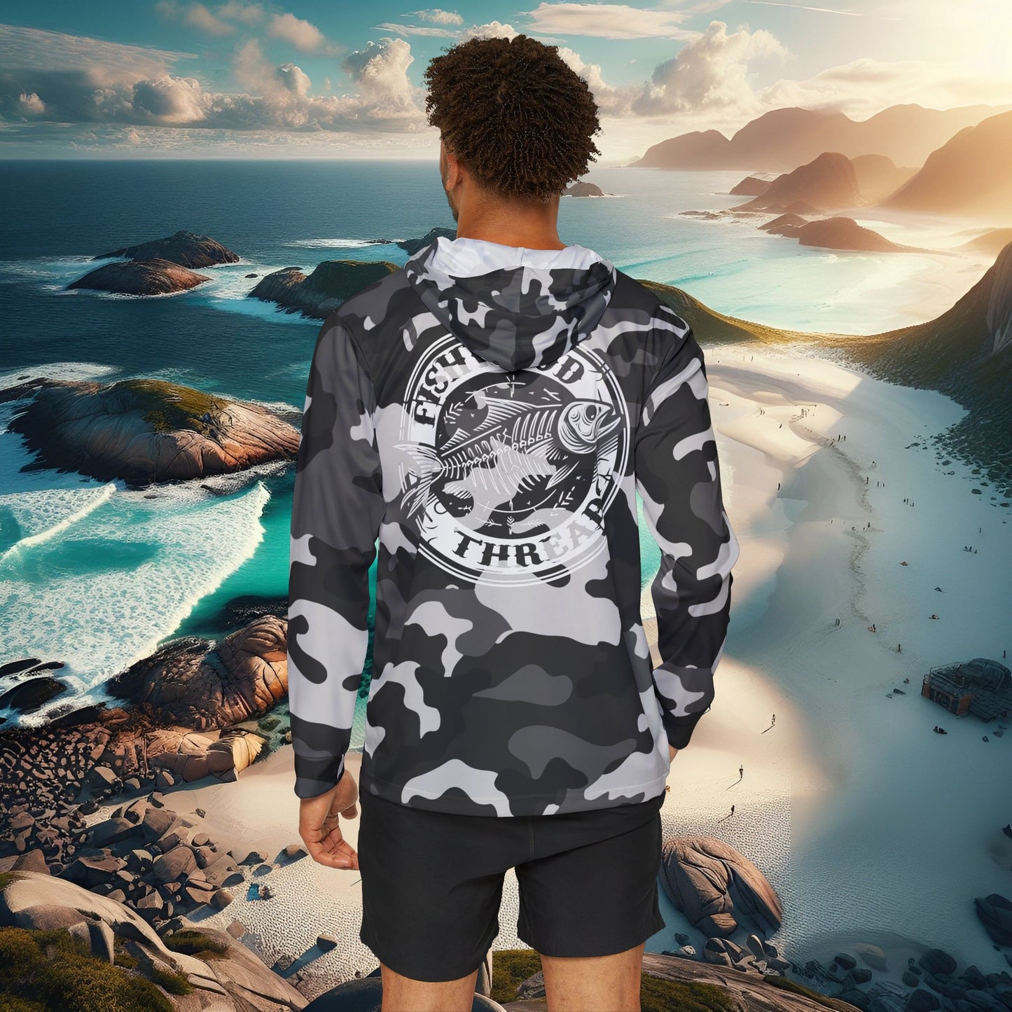 Men's Black & Grey Camo Fishing Hoodie - Fishwood Threads, Adventure & Outdoor Enthusiasts