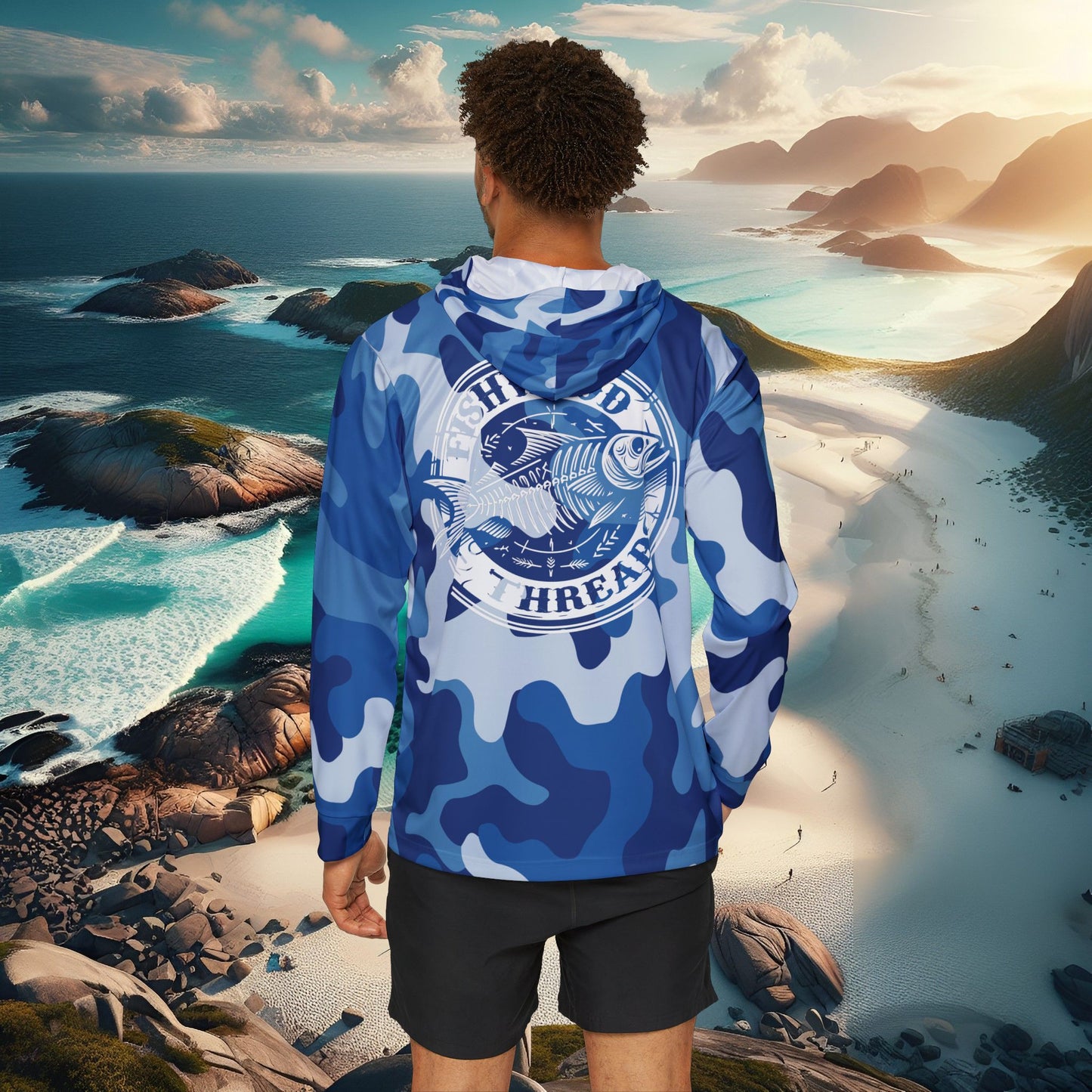 Men's Blue Camo Fishing Hoodie - Fishwood Threads, Adventure & Outdoor Enthusiasts