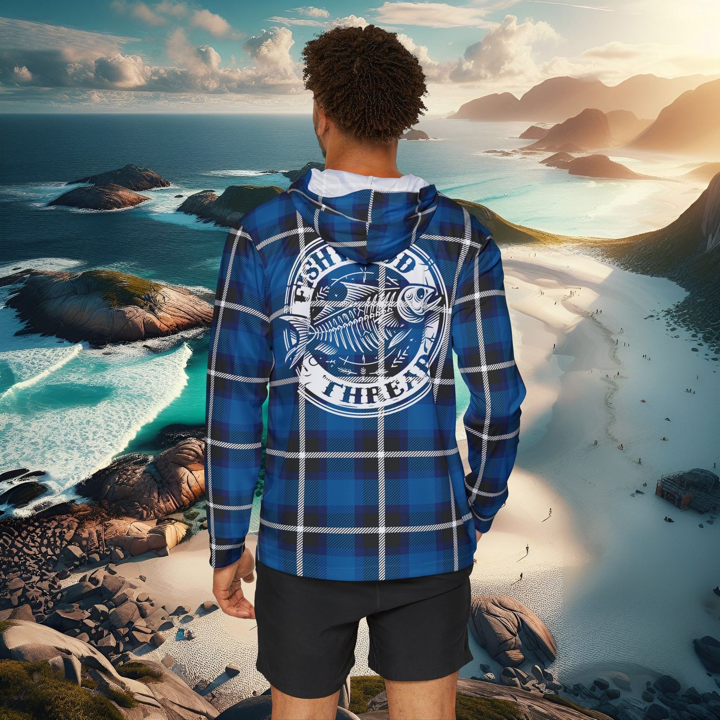 Men's Blue Plaid Fishing Hoodie - Fishwood Threads, Adventure & Outdoor Enthusiasts