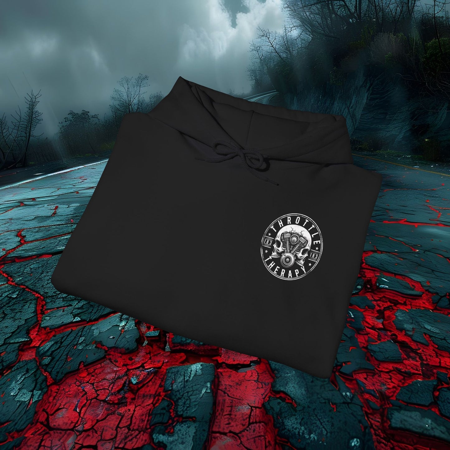 Throttle Therapy Unisex Hoodie - Heavy Blend, Skull & Engine Graphic