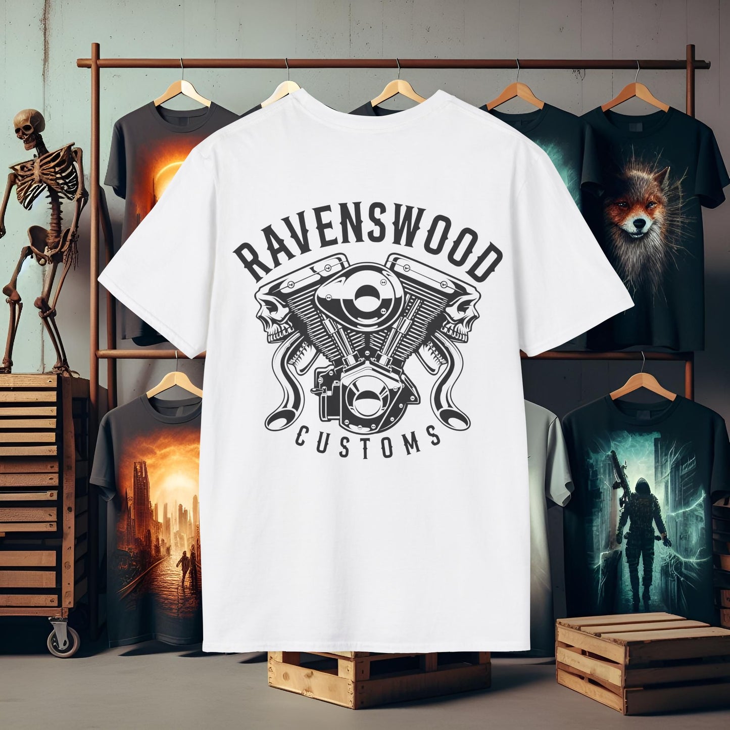 Ravenswood Customs Graphic Vtwin T-Shirt - Unisex Softstyle Tee for Custom Enthusiasts
