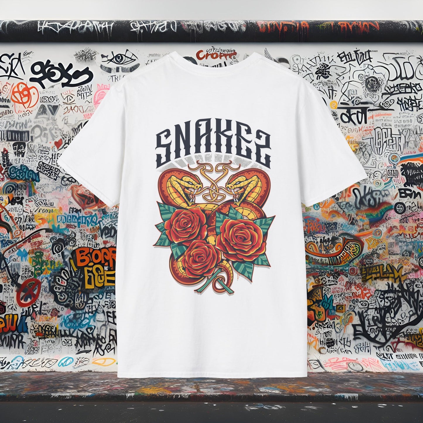 Unisex Softstyle T-Shirt with Snakes and Roses Design | Trendy Graphic Tee for All Occasions