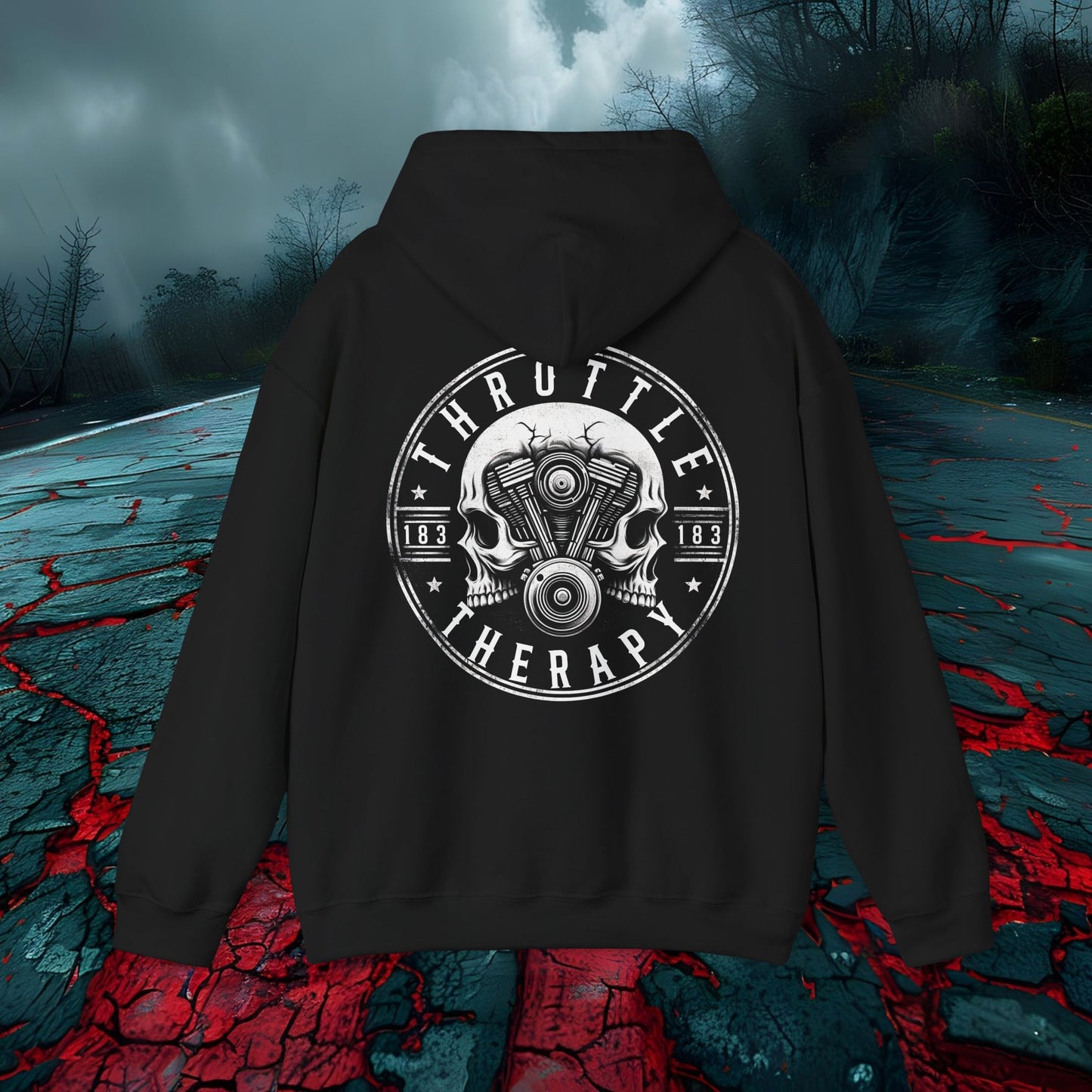 Throttle Therapy Unisex Hoodie - Heavy Blend, Skull & Engine Graphic