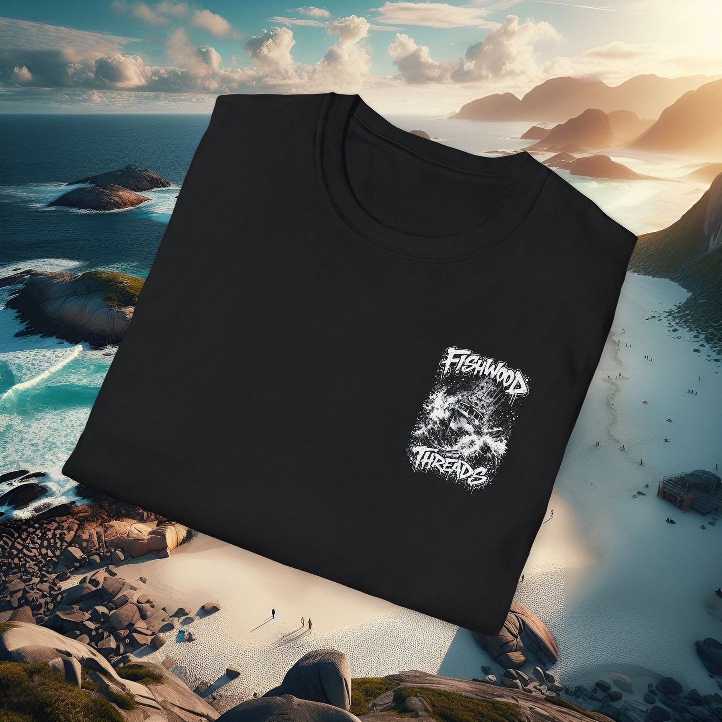 Fishwood Threads Graphic T-Shirt Fishing Boat in a Storm Logo Tee
