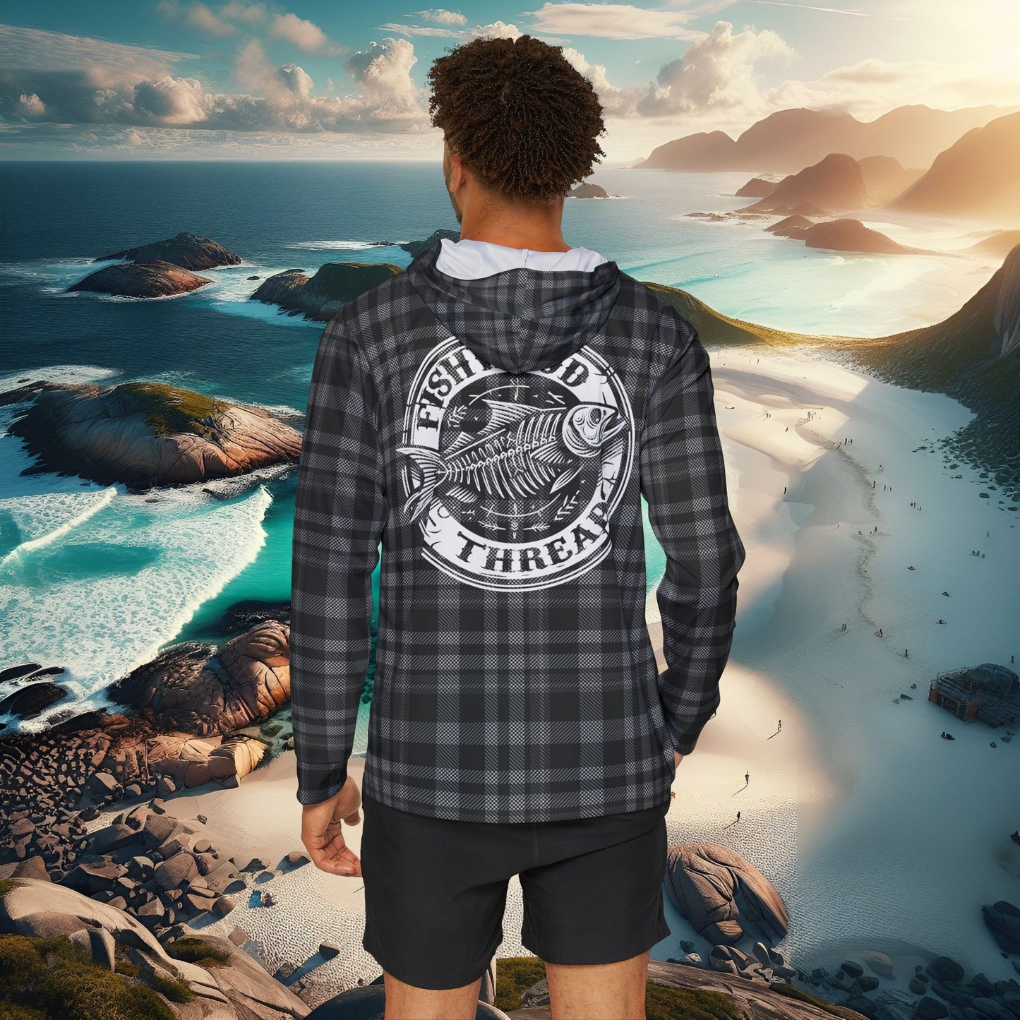 Men's Black Plaid Fishing Hoodie - Fishwood Threads, Adventure & Outdoor Enthusiasts