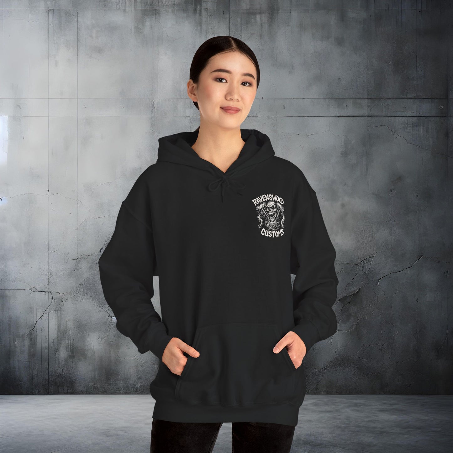 Ravenswood Customs White Vtwin Heavy Blend Hoodie | Skull Design, Unisex Sweatshirt