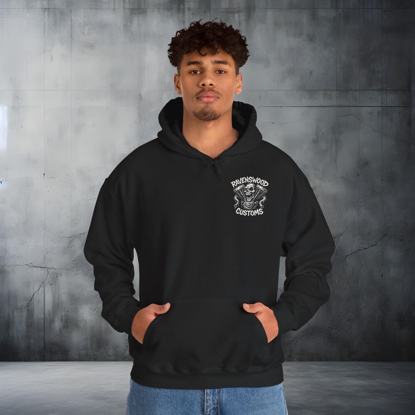 Ravenswood Customs White Vtwin Heavy Blend Hoodie | Skull Design, Unisex Sweatshirt