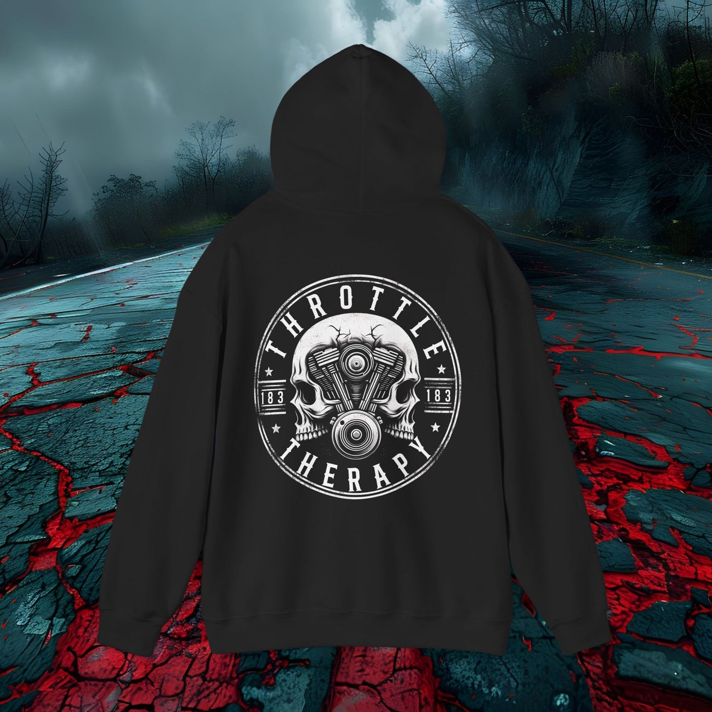 Throttle Therapy Unisex Hoodie - Heavy Blend, Skull & Engine Graphic