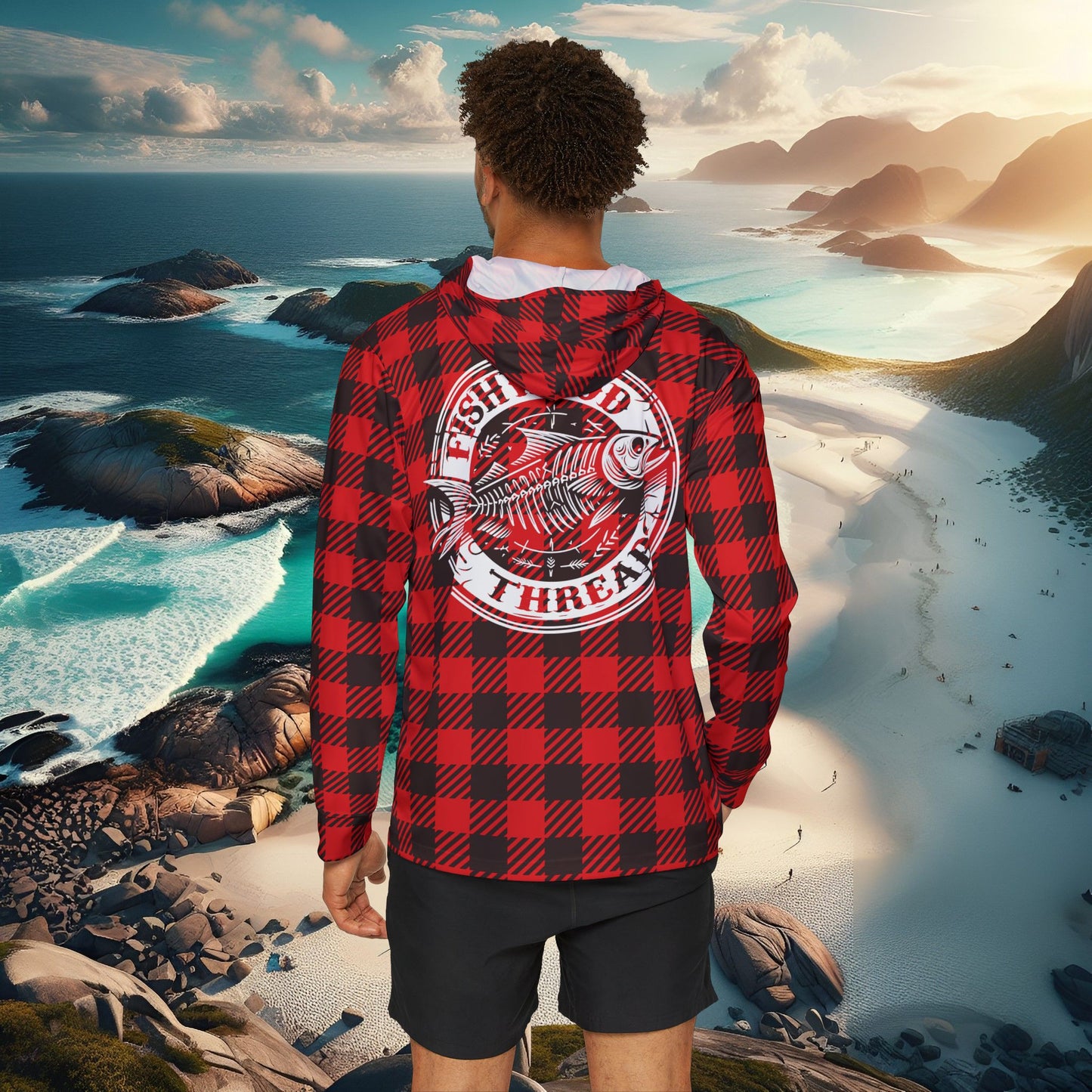 Men's Red Plaid Fishing Hoodie - Fishwood Threads, Adventure & Outdoor Enthusiasts