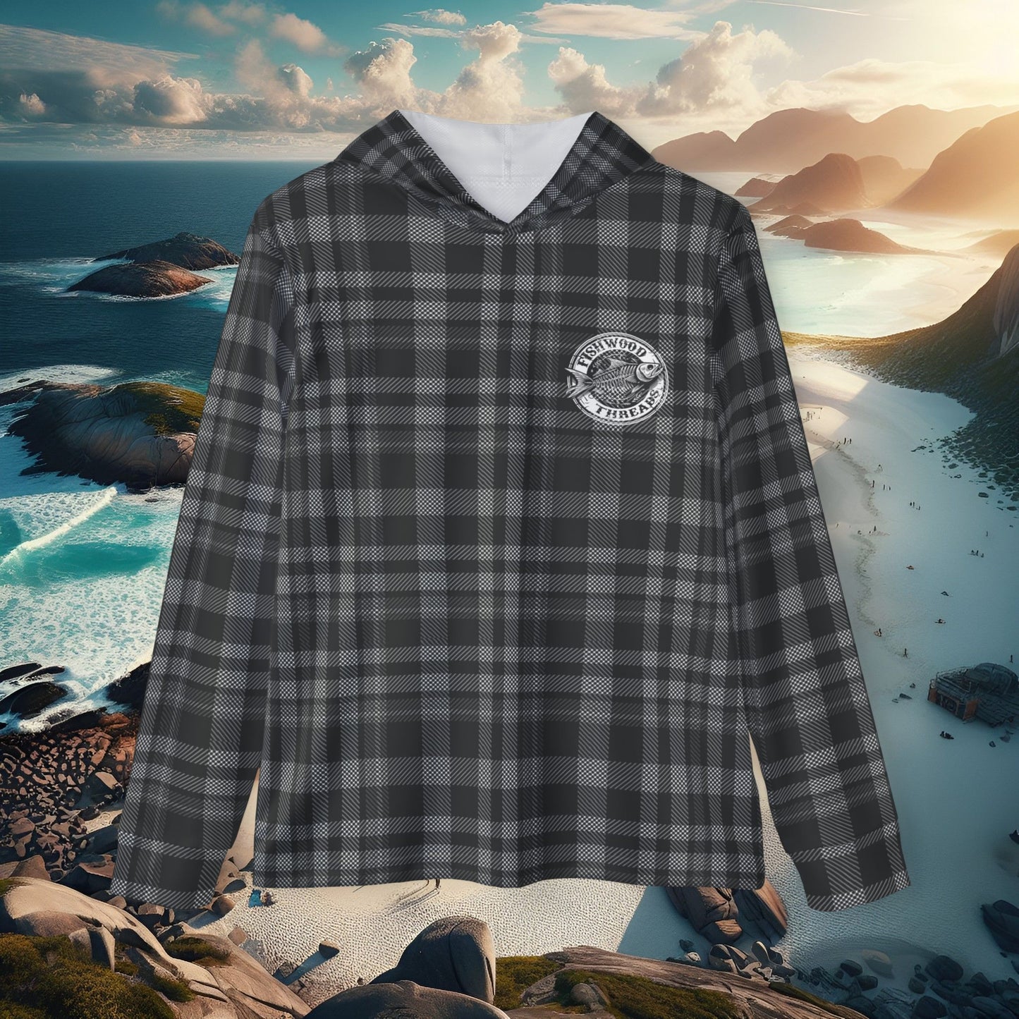 Men's Black Plaid Fishing Hoodie - Fishwood Threads, Adventure & Outdoor Enthusiasts