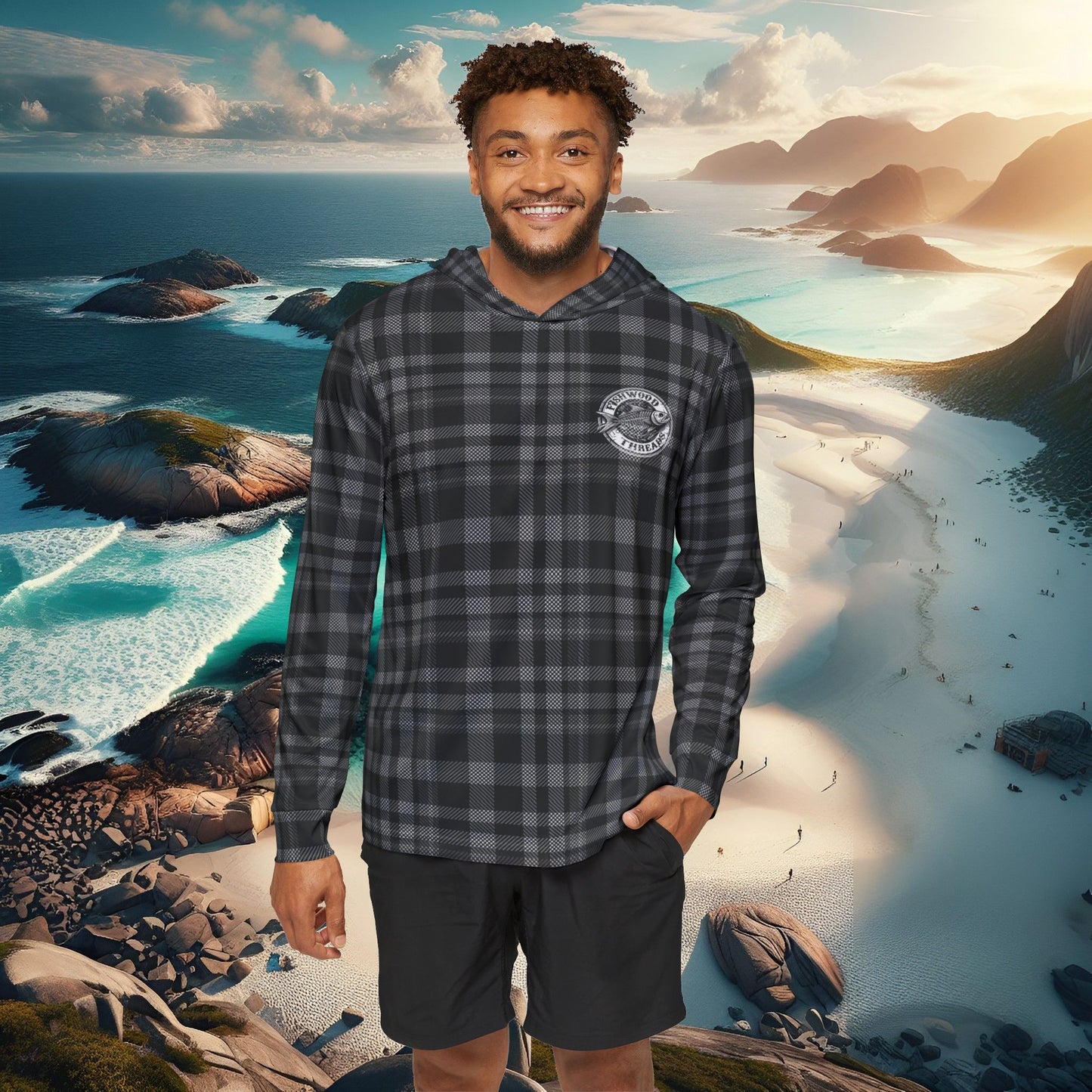 Men's Black Plaid Fishing Hoodie - Fishwood Threads, Adventure & Outdoor Enthusiasts