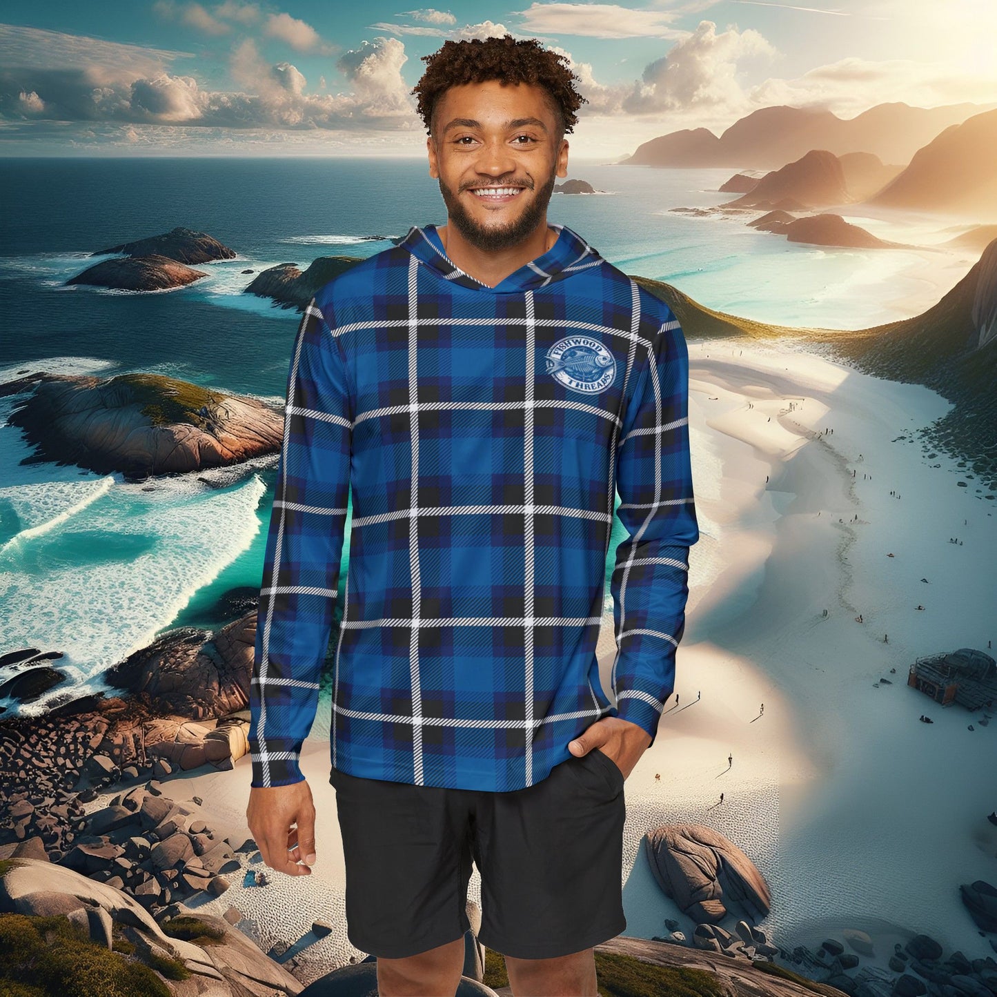 Men's Blue Plaid Fishing Hoodie - Fishwood Threads, Adventure & Outdoor Enthusiasts
