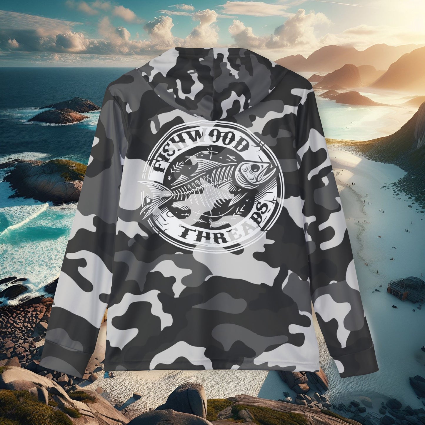 Men's Black & Grey Camo Fishing Hoodie - Fishwood Threads, Adventure & Outdoor Enthusiasts