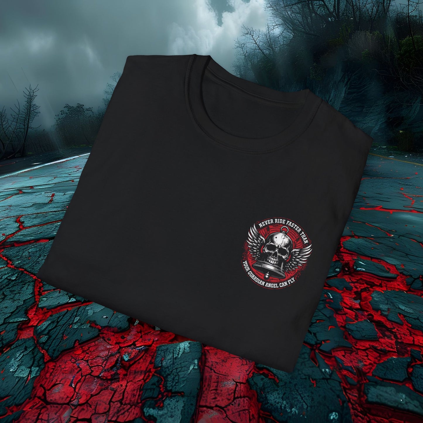 Biker Skull Graphic T-Shirt - 'Never Ride Faster Than Your Guardian Angel Can Fly'