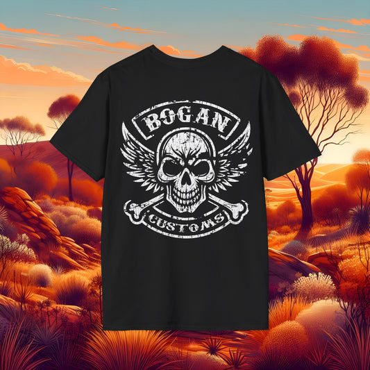 Worn Bogan Customs Skull Graphic T-Shirt - Unisex Softstyle Tee for Motorcycle Enthusiasts