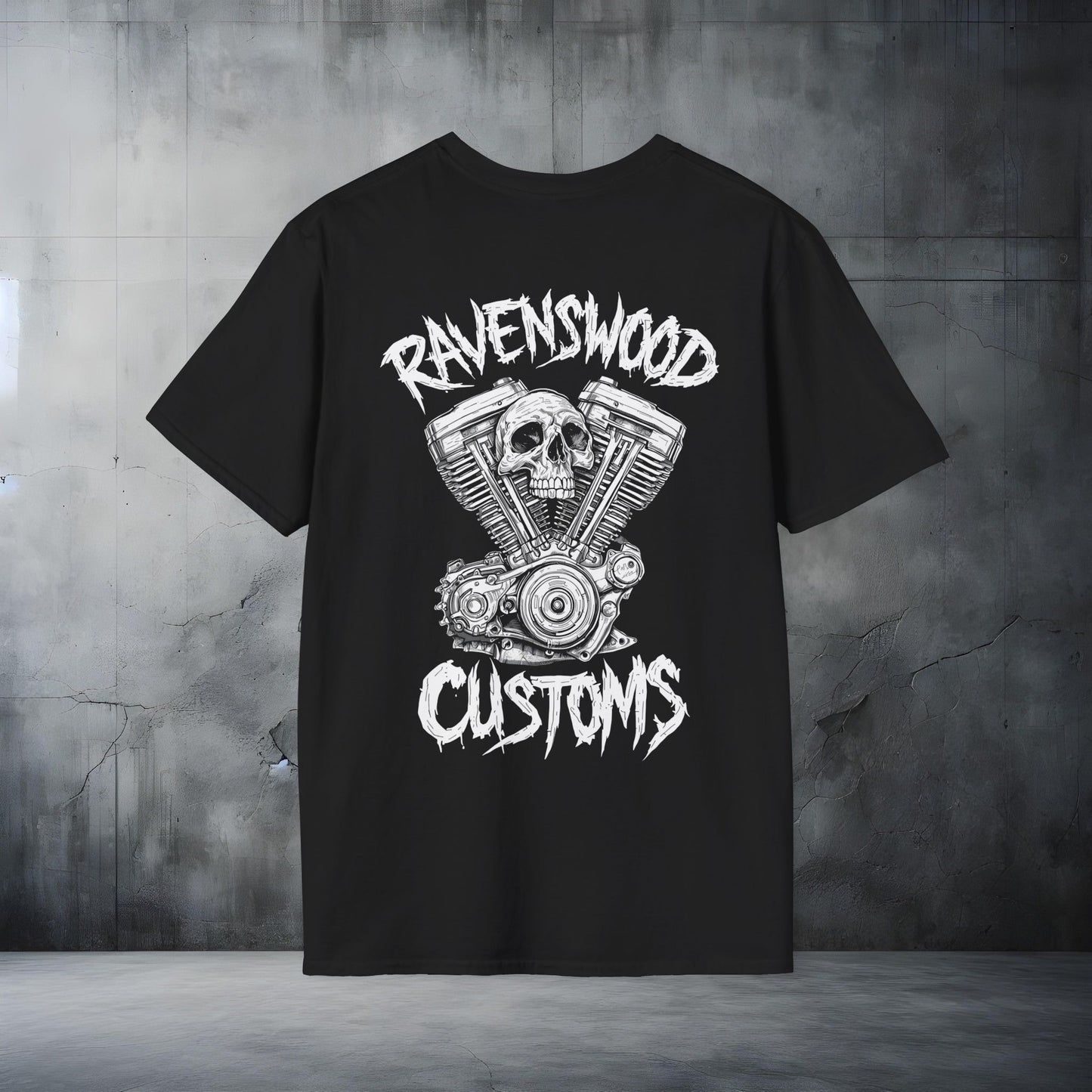 Ravenswood Customs Skull Vtwin 1 T-Shirt — Biker Motorcycle Graphic Tee