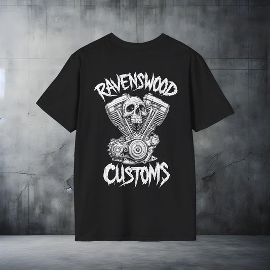 Ravenswood Customs Skull Vtwin 1 T-Shirt — Biker Motorcycle Graphic Tee