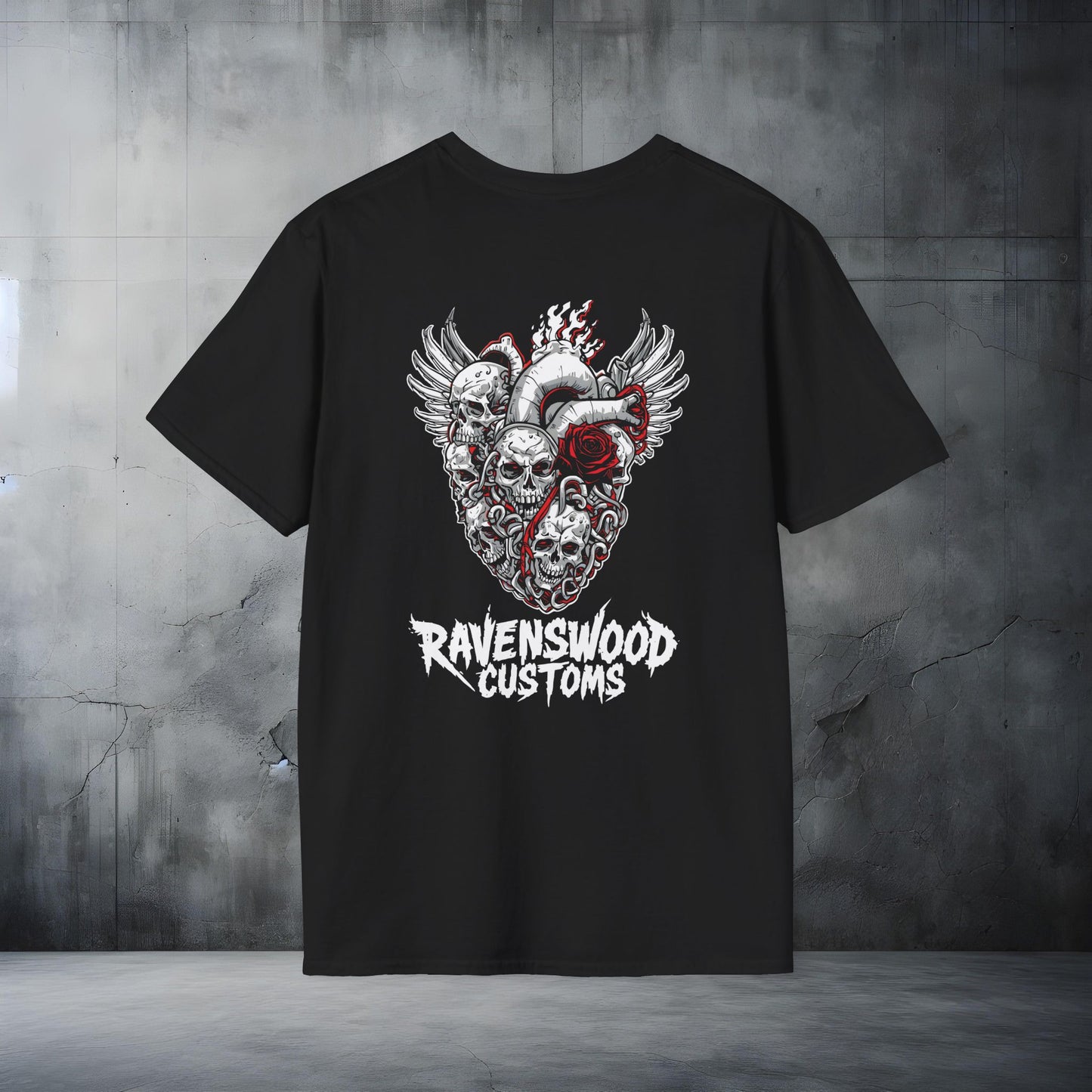 RC Flamming Skull Heart and Rose T-Shirt Skull Art Tee