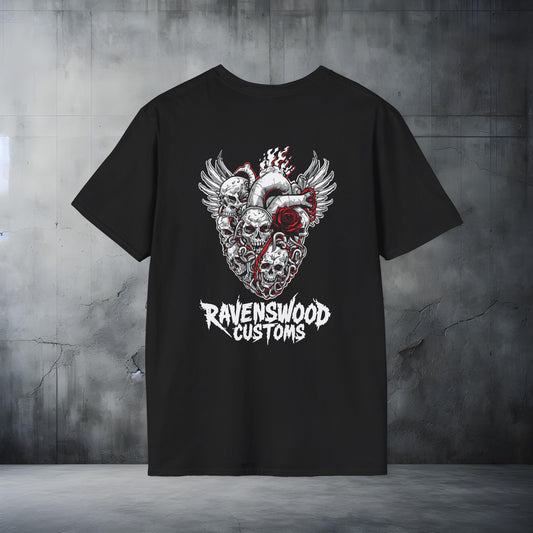 RC Flamming Skull Heart and Rose T-Shirt Skull Art Tee