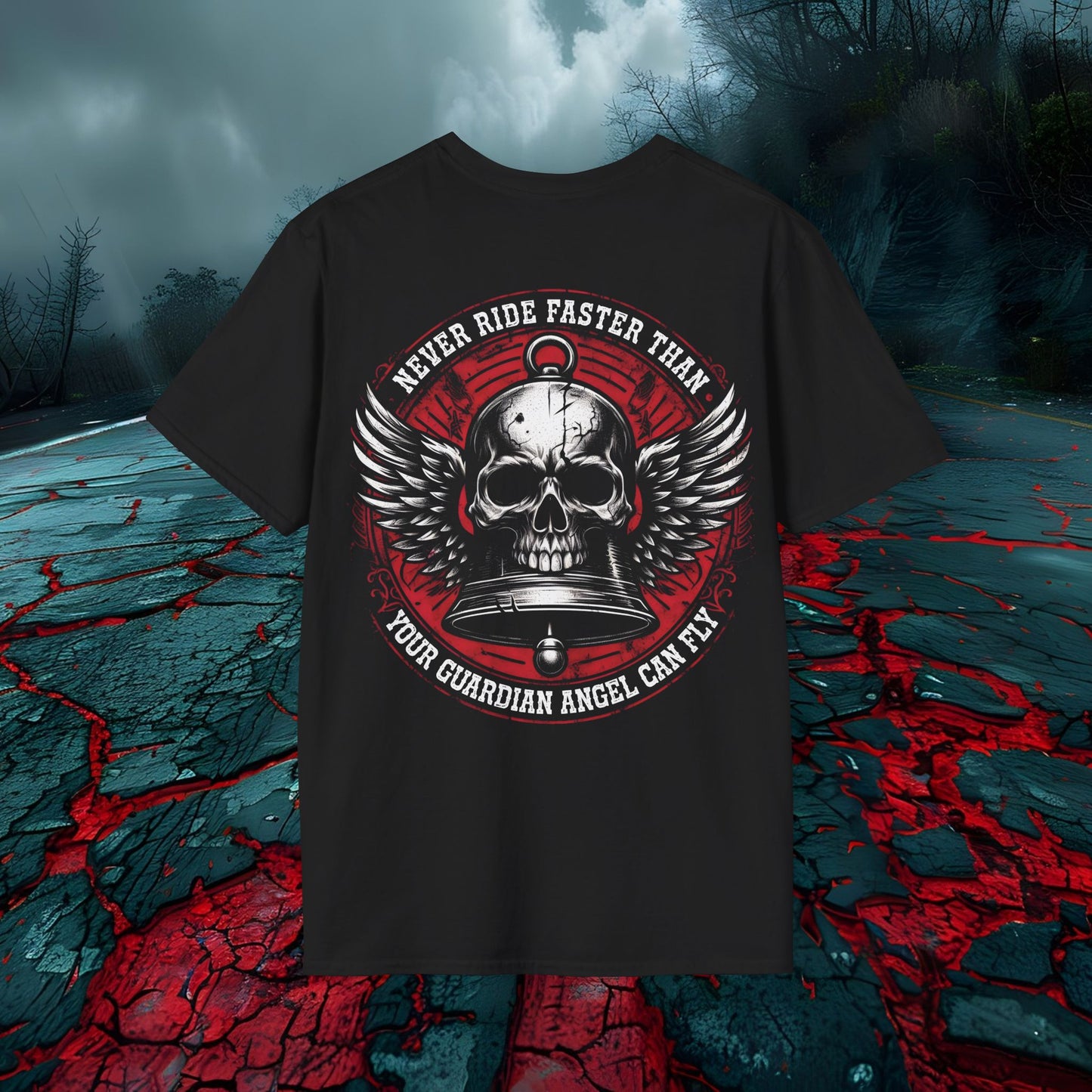 Biker Skull Graphic T-Shirt - 'Never Ride Faster Than Your Guardian Angel Can Fly'