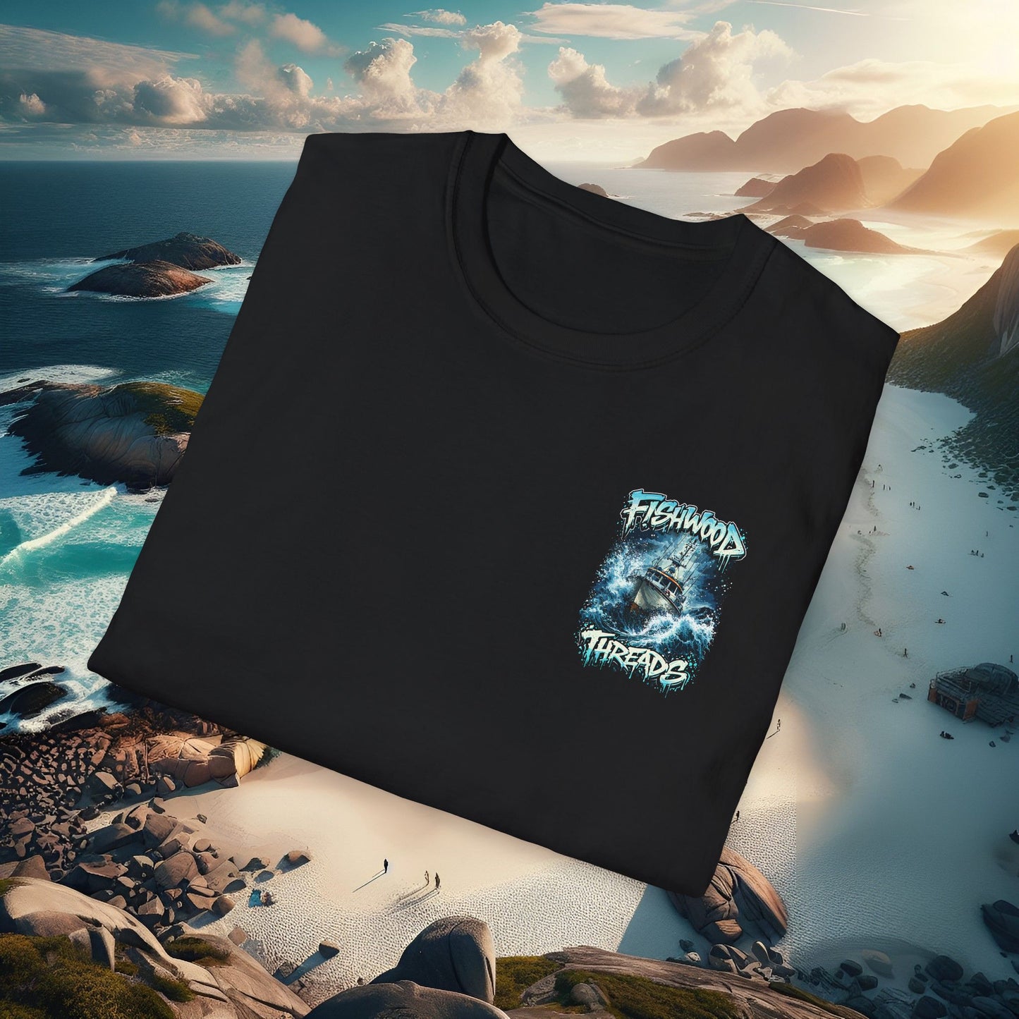 Fishwood Threads Graphic T-Shirt Fishing Boat in a Storm Logo Tee