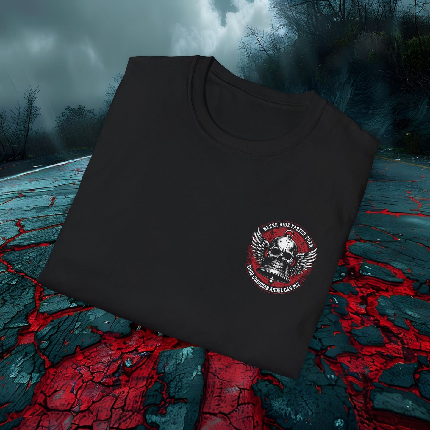 Biker Skull Graphic T-Shirt - 'Never Ride Faster Than Your Guardian Angel Can Fly'
