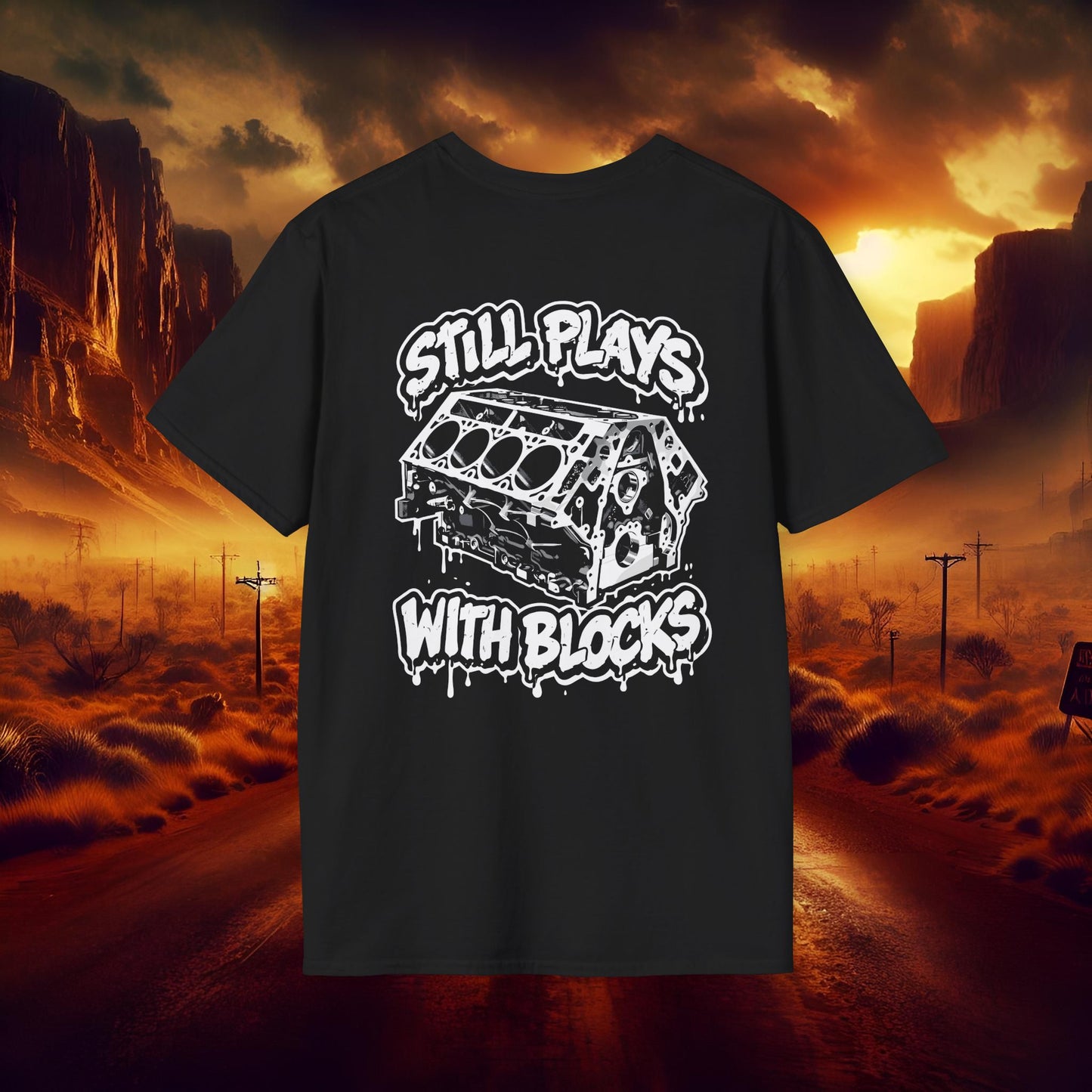 "Still Plays With Blocks" V8 Engine Block Graphic White Tee