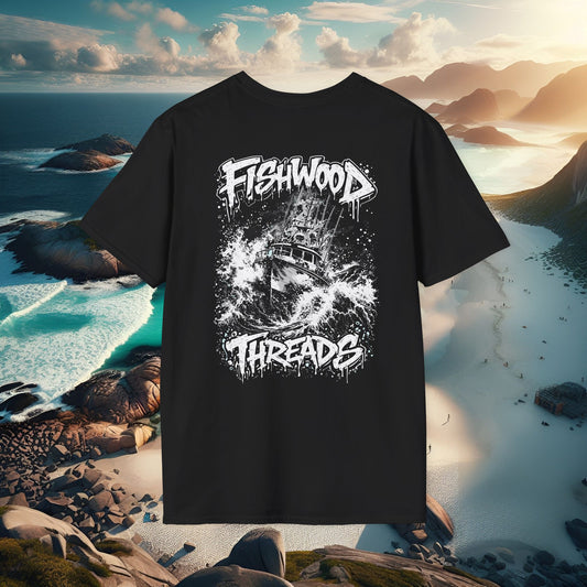 Fishwood Threads Graphic T-Shirt Fishing Boat in a Storm Logo Tee