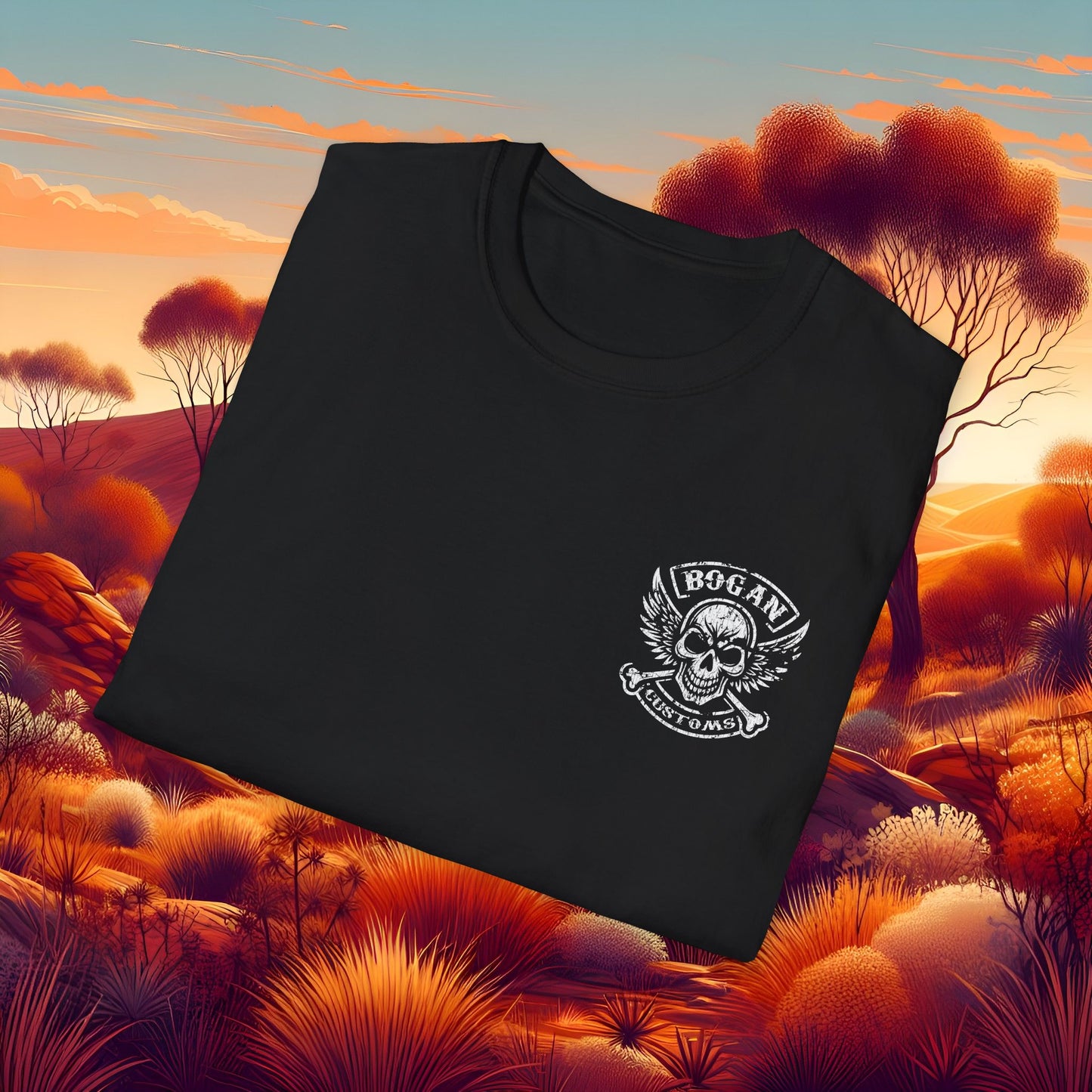 Worn Bogan Customs Skull Graphic T-Shirt - Unisex Softstyle Tee for Motorcycle Enthusiasts