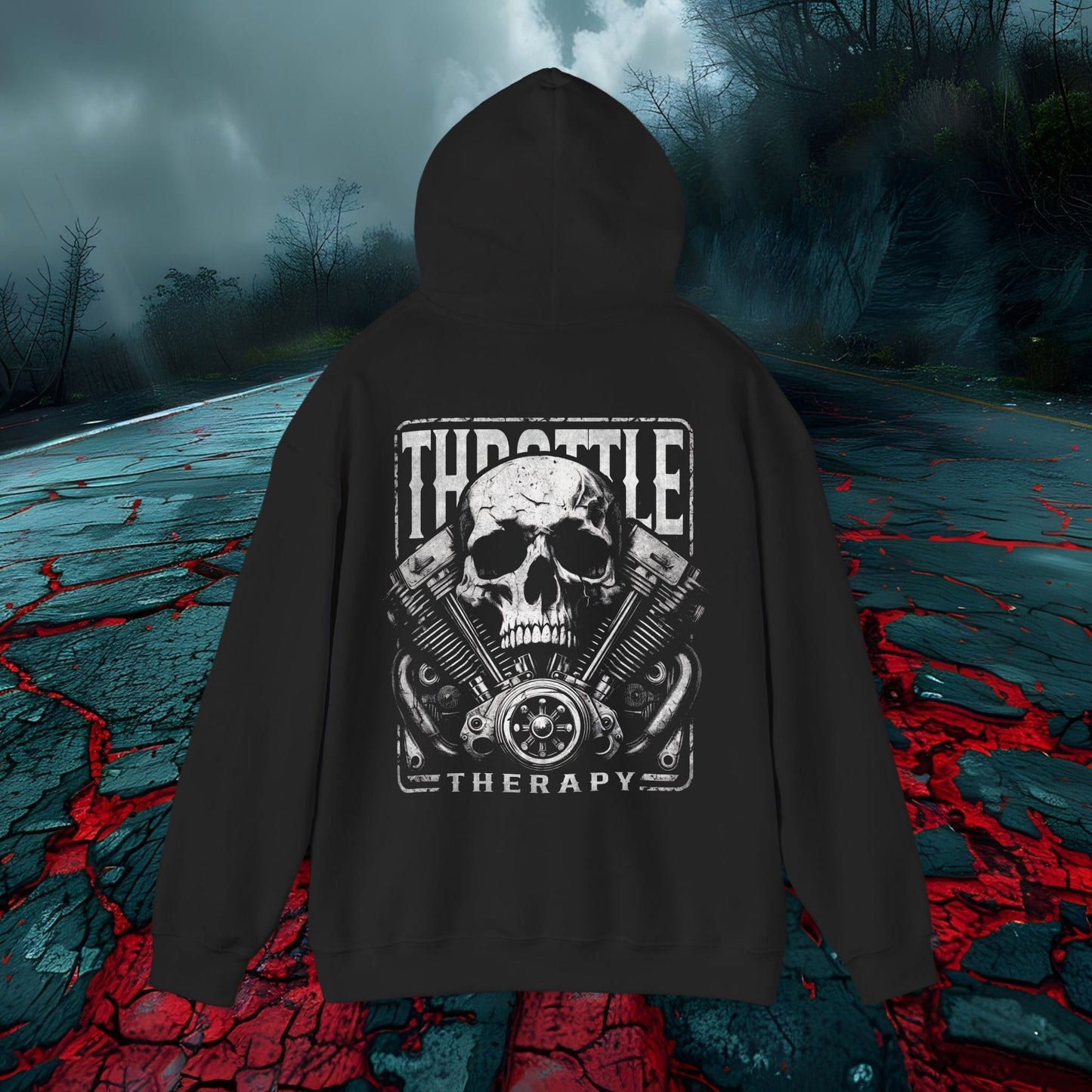 Throttle Therapy Unisex Hoodie - Heavy Blend, Skull & Engine Graphic