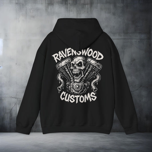 Ravenswood Customs White Vtwin Heavy Blend Hoodie | Skull Design, Unisex Sweatshirt