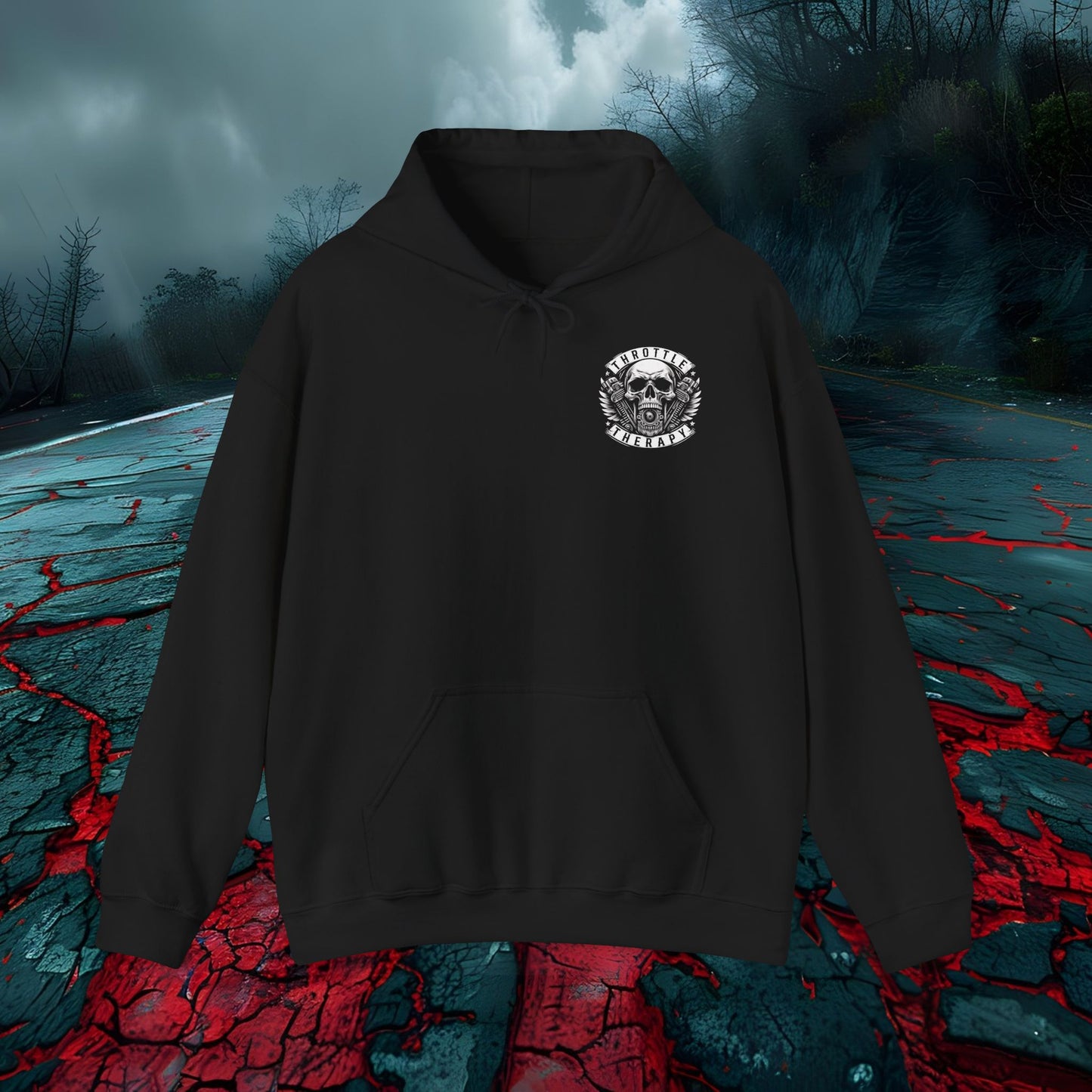 Throttle Therapy Unisex Hoodie - Heavy Blend, Skull & Engine Graphic