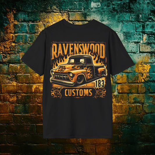 Ravenswood Customs Vintage Yellow Car T-Shirt 2, Retro Design, Custom Car Enthusiast Gift, Classic Automobile Apparel