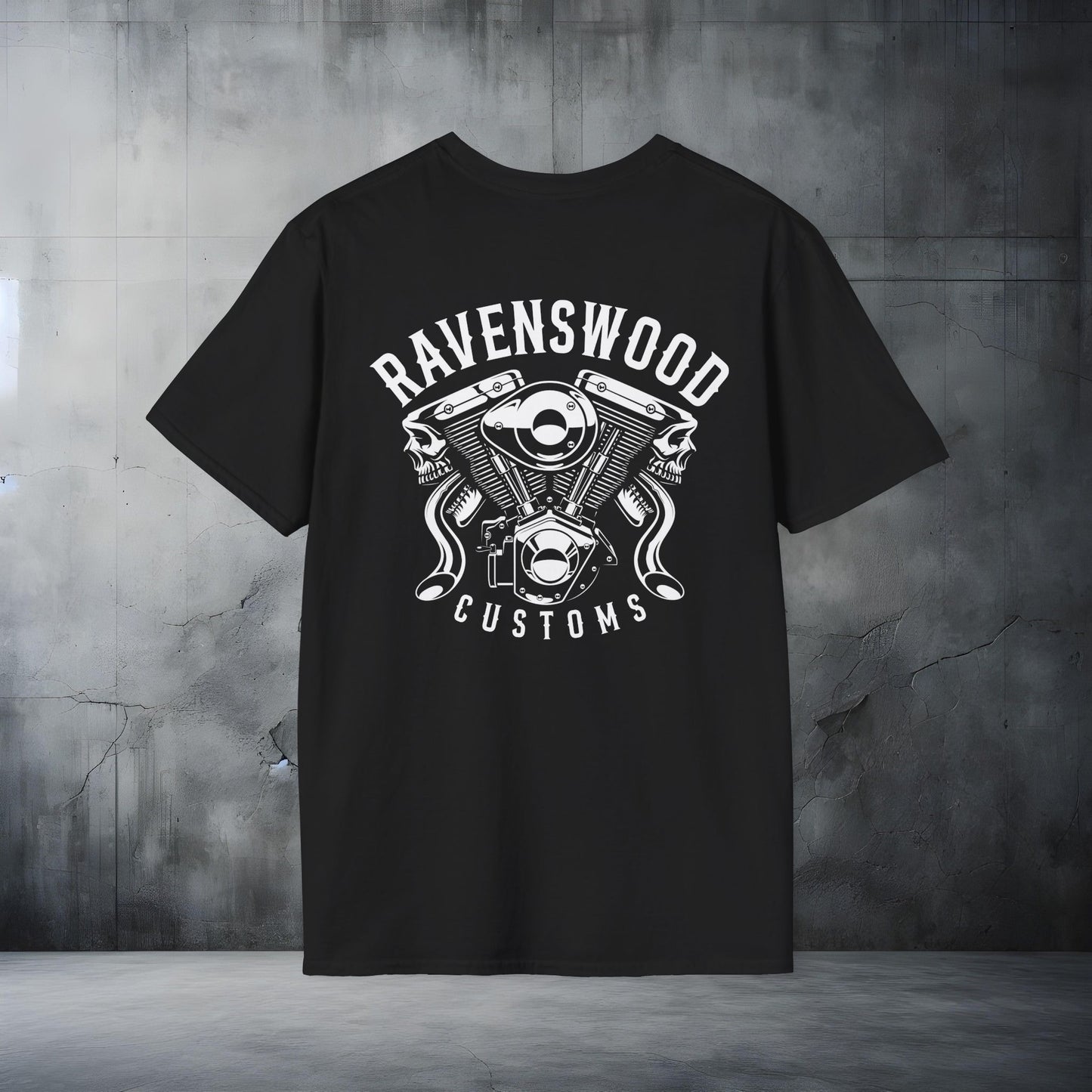 Ravenswood Customs Graphic Vtwin T-Shirt - Unisex Softstyle Tee for Custom Enthusiasts
