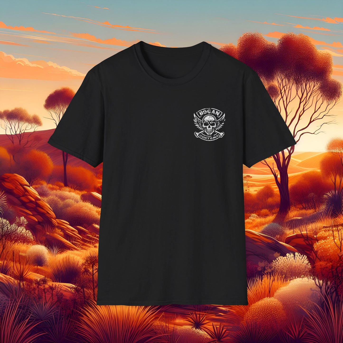 Worn Bogan Customs Skull Graphic T-Shirt - Unisex Softstyle Tee for Motorcycle Enthusiasts