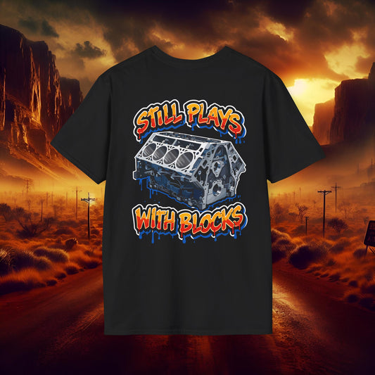 "Still Plays With Blocks" V8 Engine Block Graphic Colour Tee
