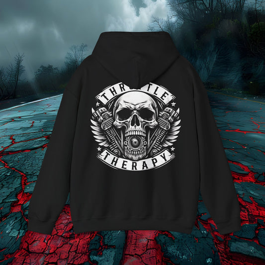 Throttle Therapy Unisex Hoodie - Heavy Blend, Skull & Engine Graphic