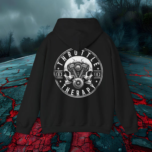 Throttle Therapy Unisex Hoodie - Heavy Blend, Skull & Engine Graphic